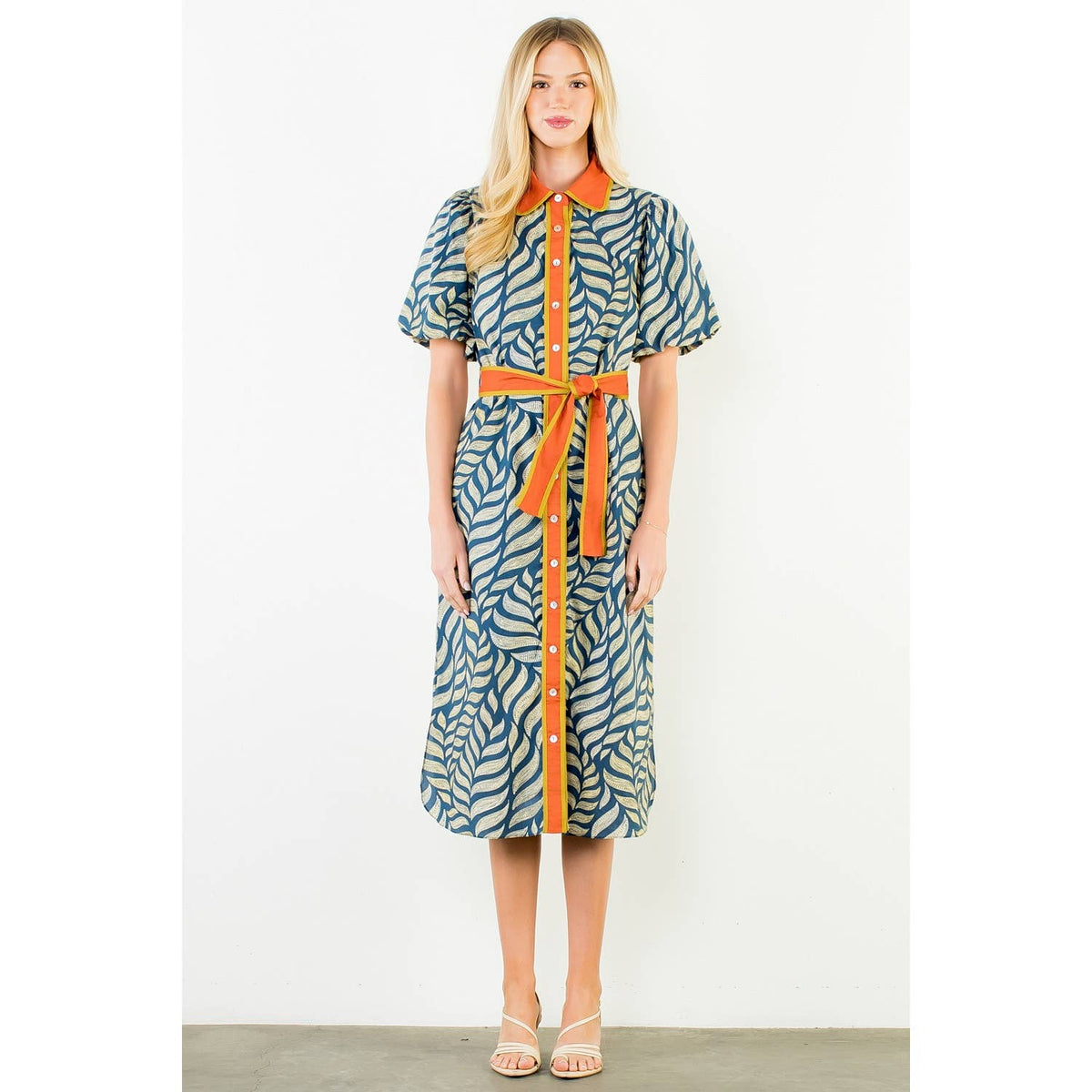 Puff Sleeve Patterned Button Down Dress - Surprise Lily
