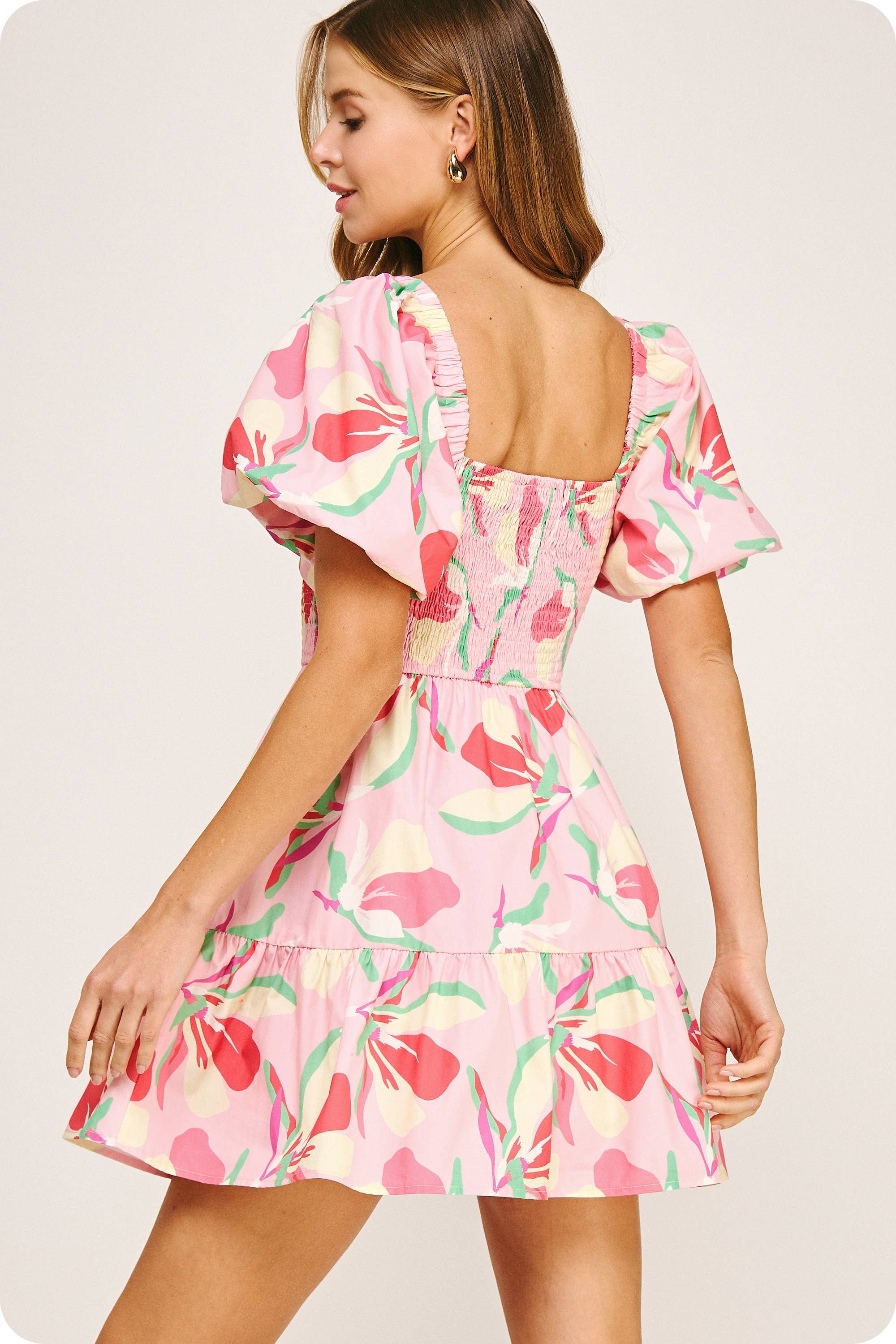 Smocked Detail Floral Tiered Mini Dress - Surprise Lily