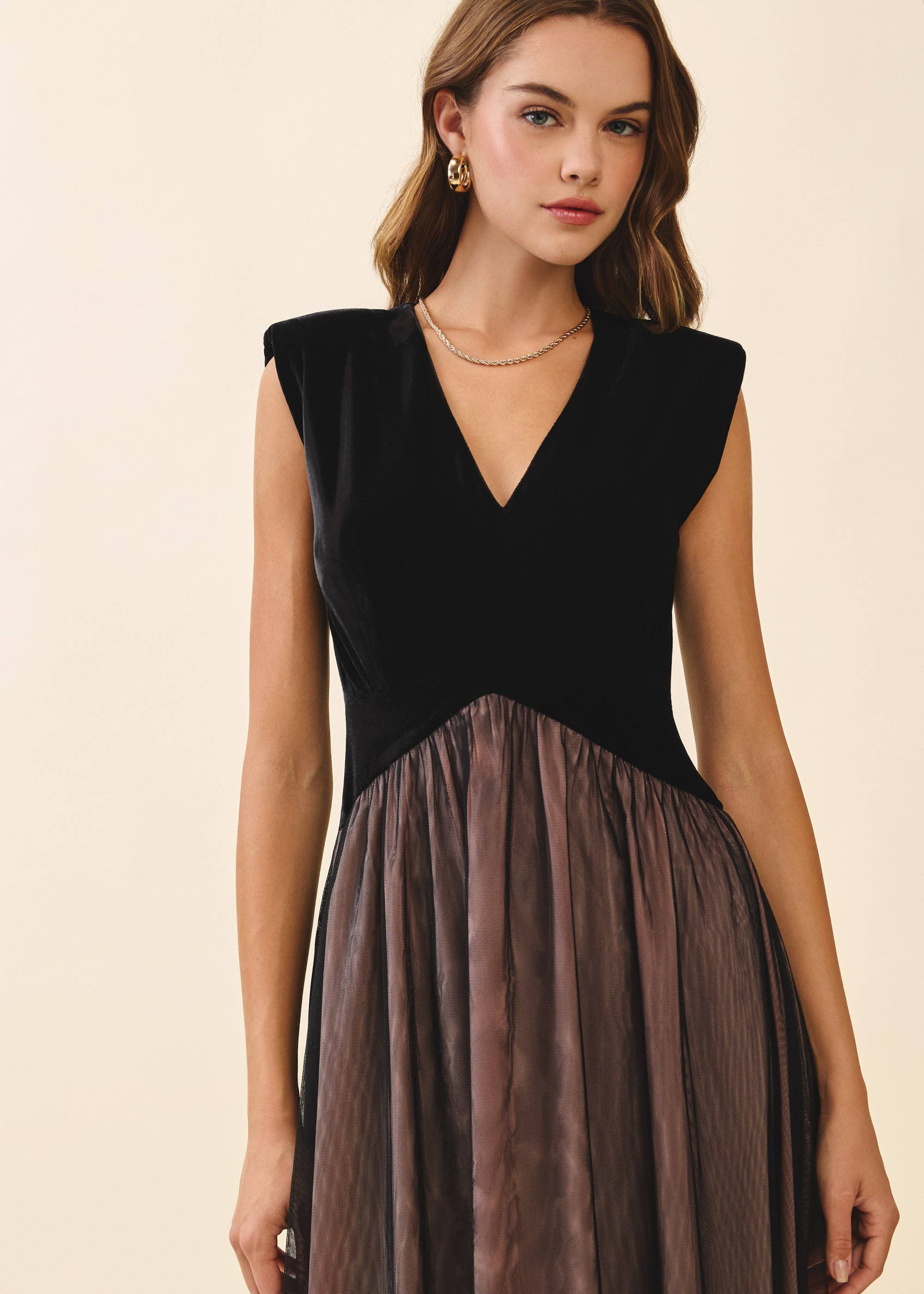 Velvet Fitted Bodice Midi Dress