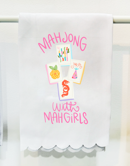 Mahjong with Mah Girls Scalloped Tea Towel