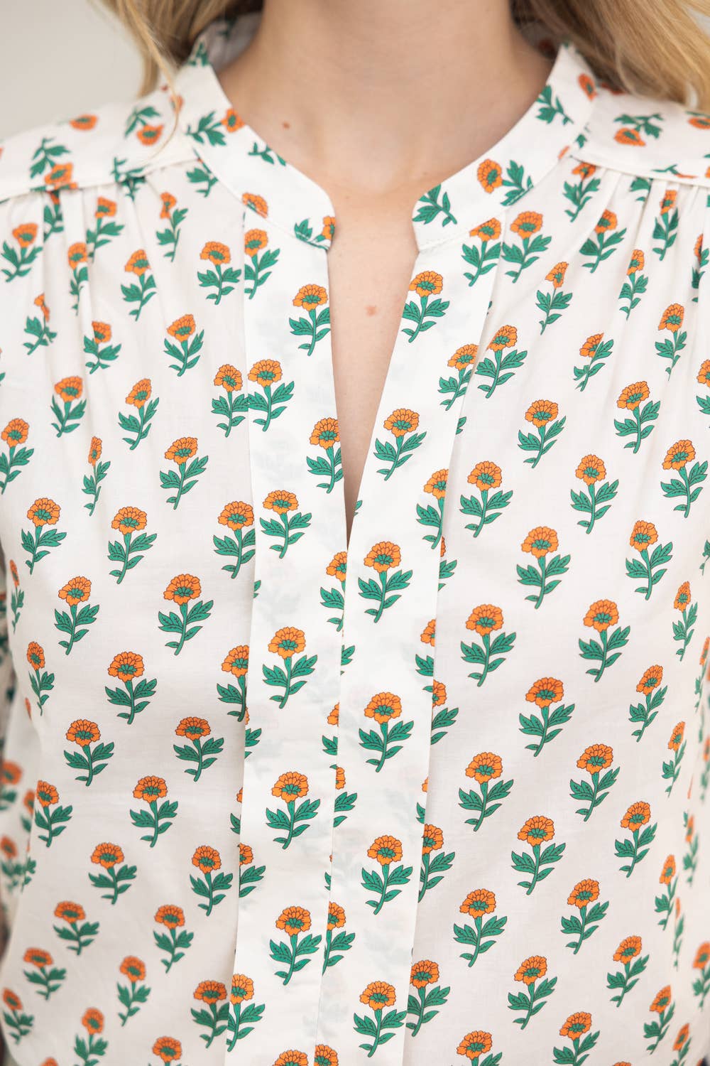 36713 Smocked Cuff Folded Placket Floral Print Top - Surprise Lily