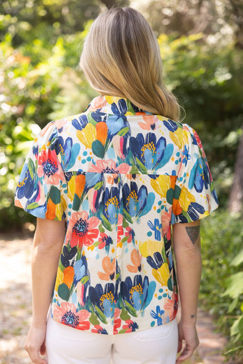 36699 Stripe Quarter Zip Watercolor Floral Print Top - Surprise Lily