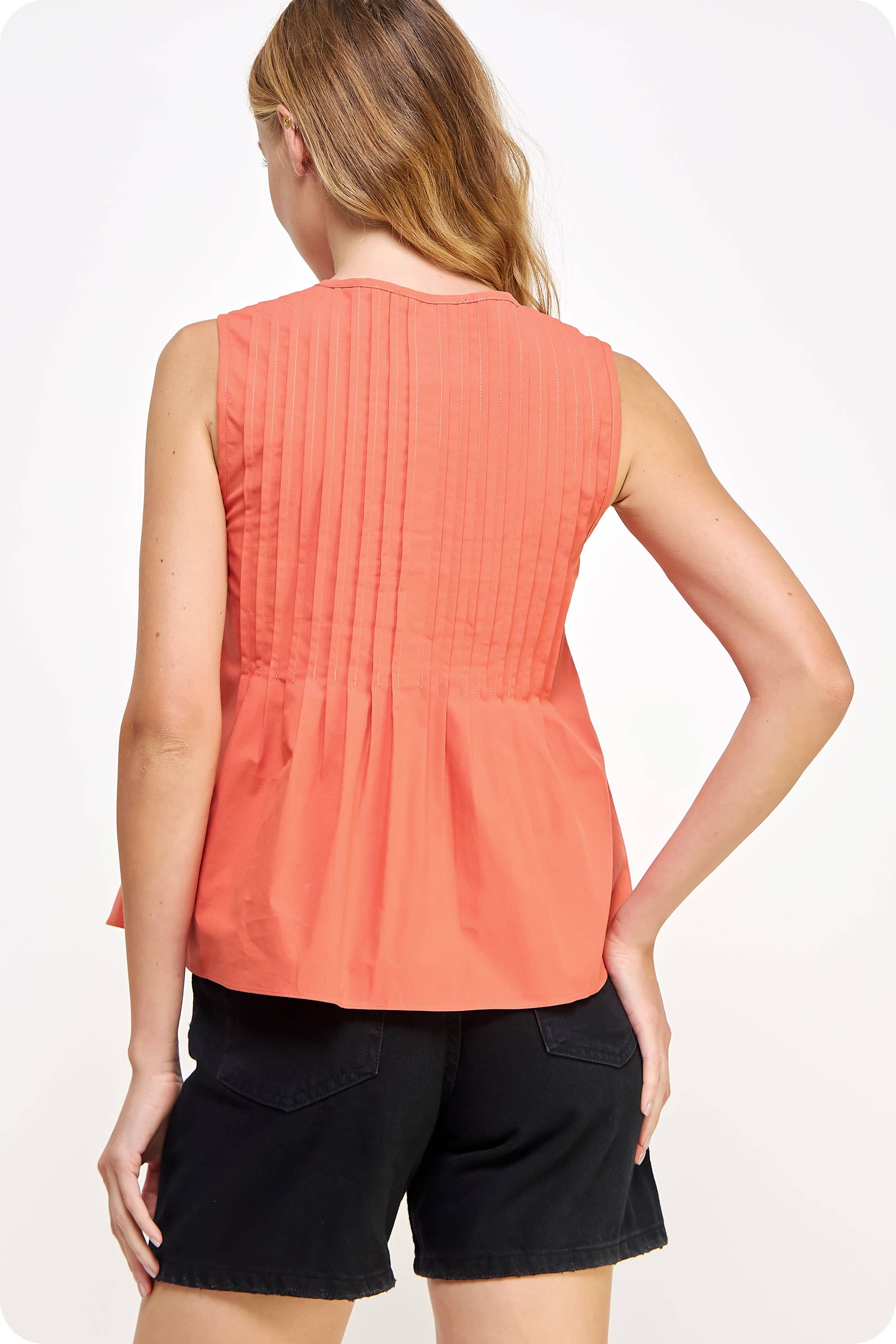 Pintuck Tie Detail Poplin Sleeveless Top - Surprise Lily
