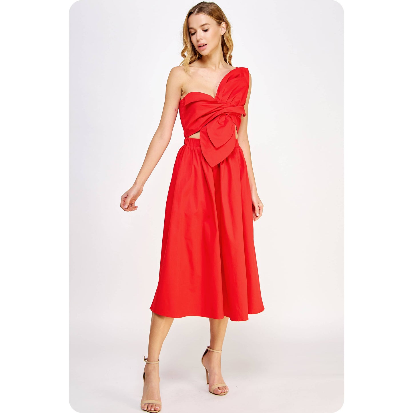 Flower Bow Midi Dress in Cherry Red