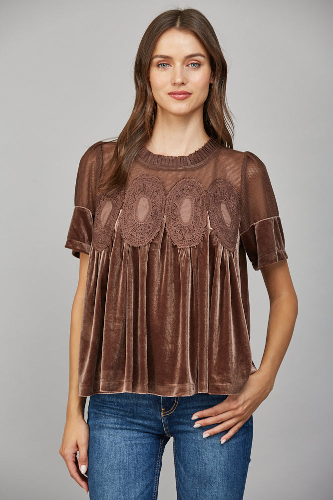 Celeste Velvet Lace Top in Chocolate Brown