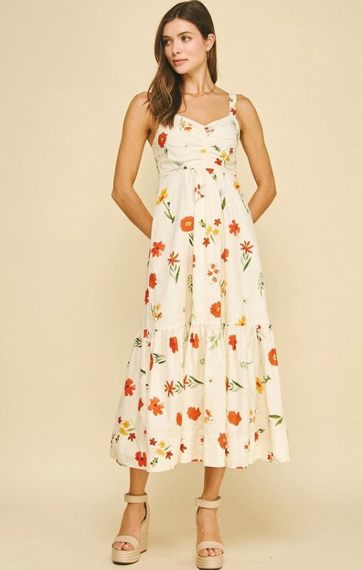 Cream Floral Midi Dress