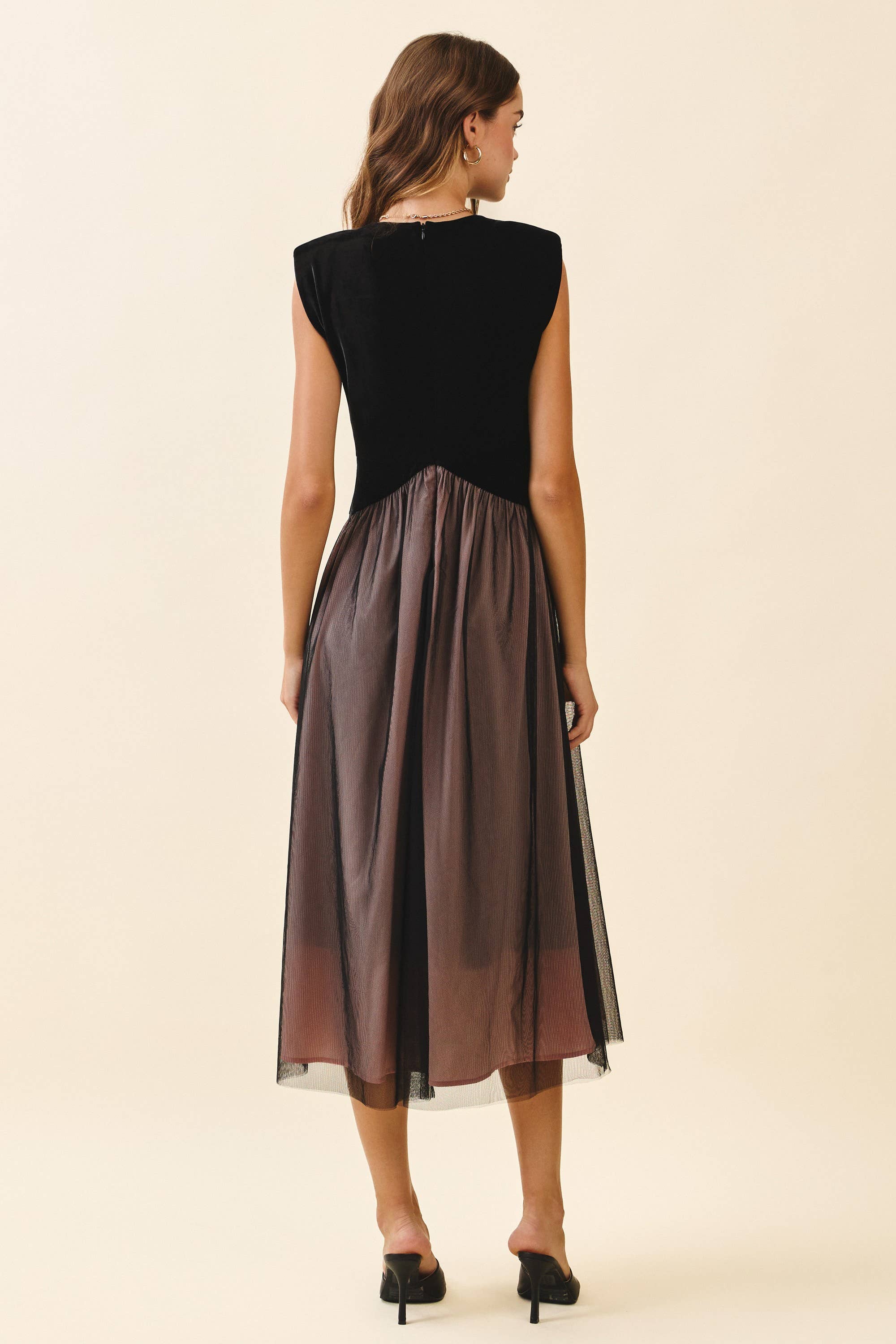 Velvet Fitted Bodice Midi Dress
