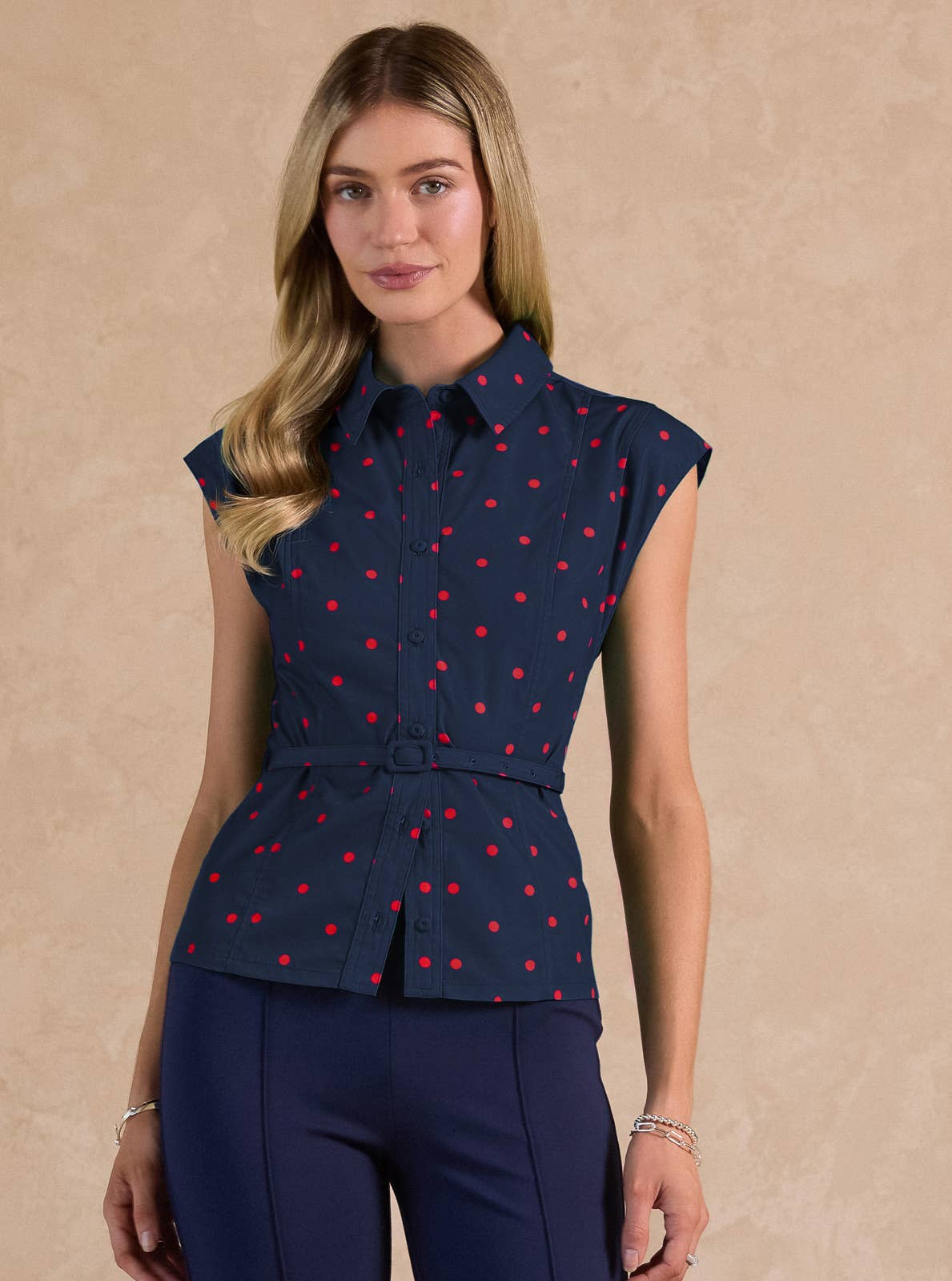 Polka Dot Belted Shirt Blouse - Surprise Lily