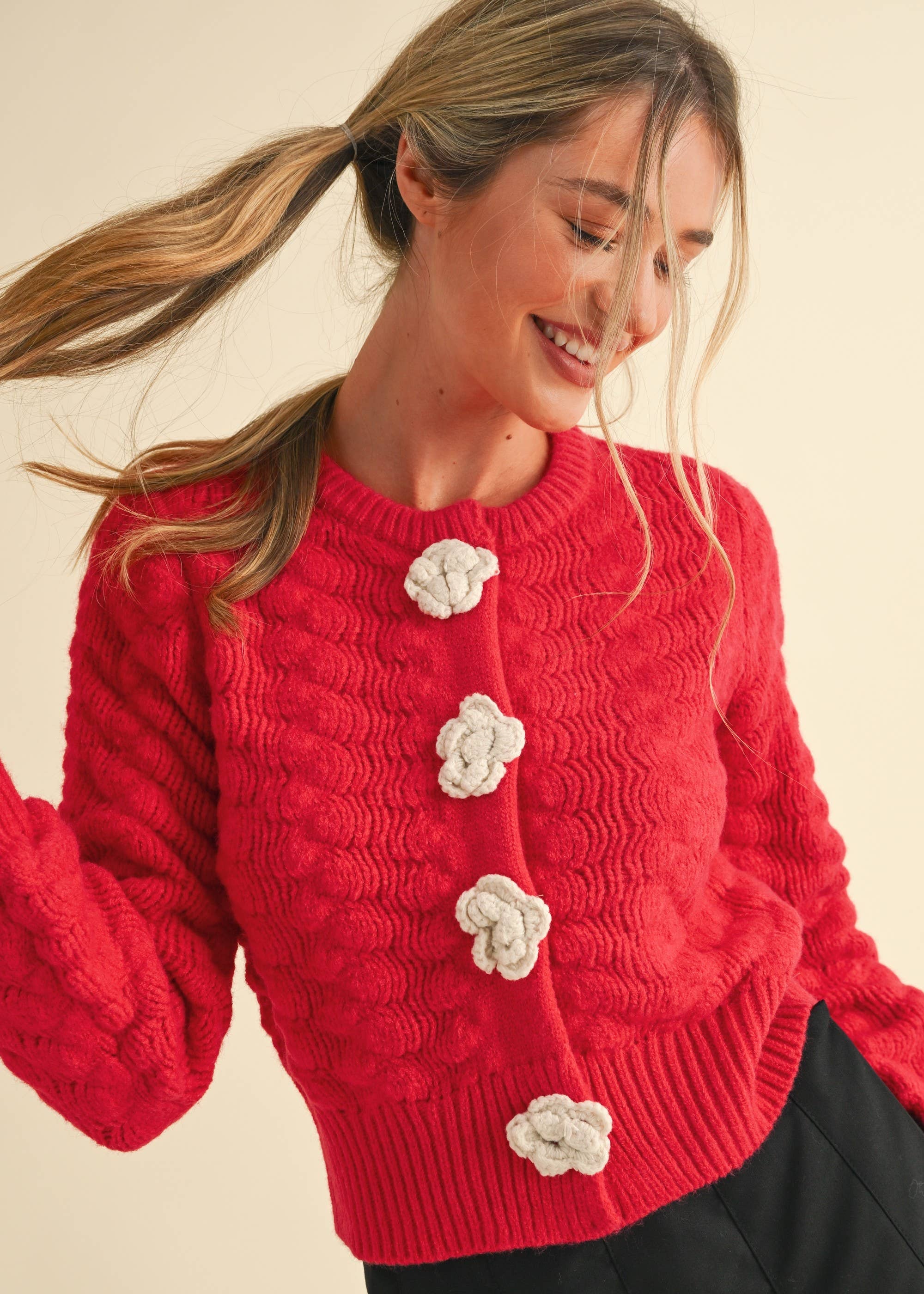 Textured Rosette Sweater in Coral Red