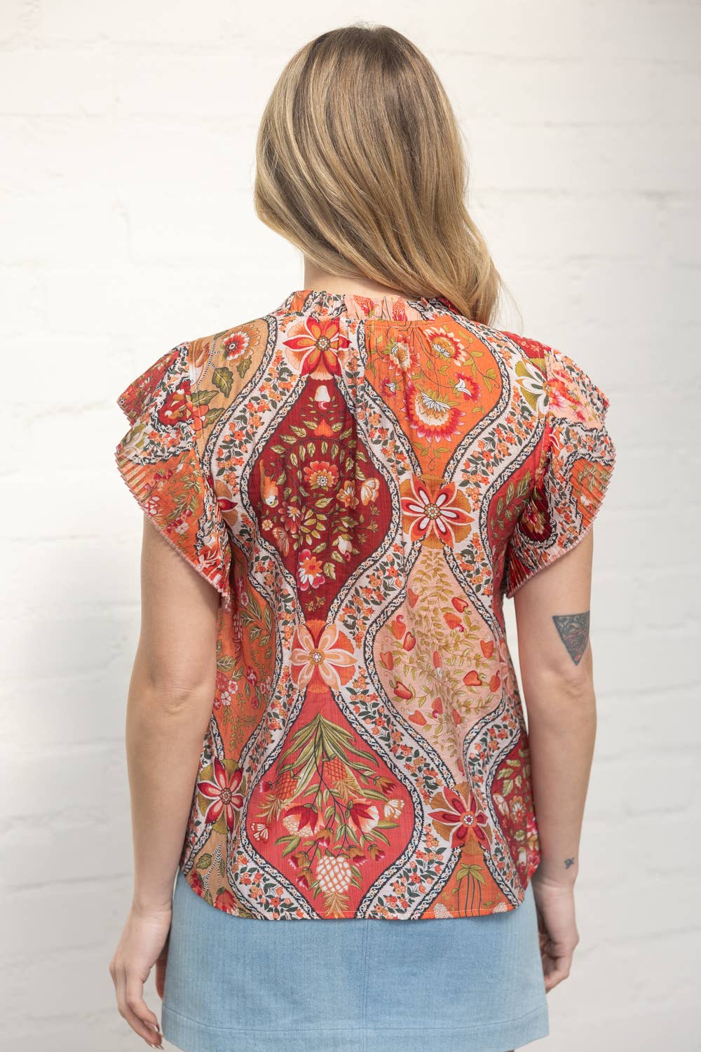 36358 Pleated Sleeve Button Down Floral Printed Top - Surprise Lily