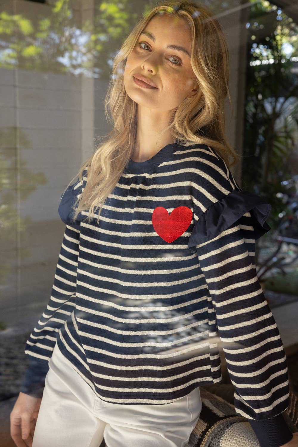 Striped Heart Detail Crewneck Top
