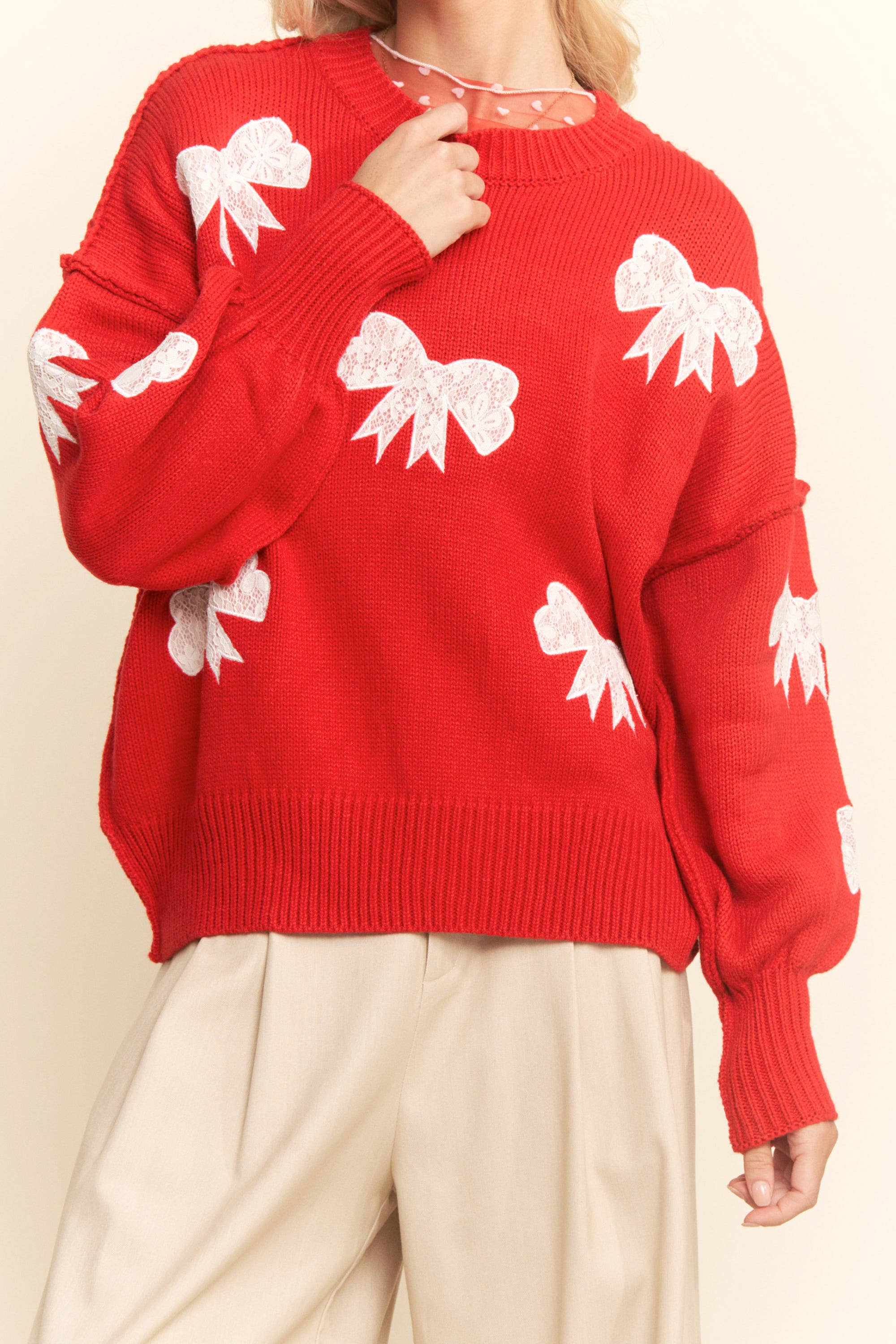 Lace Ribbon Bow Patch Sweater