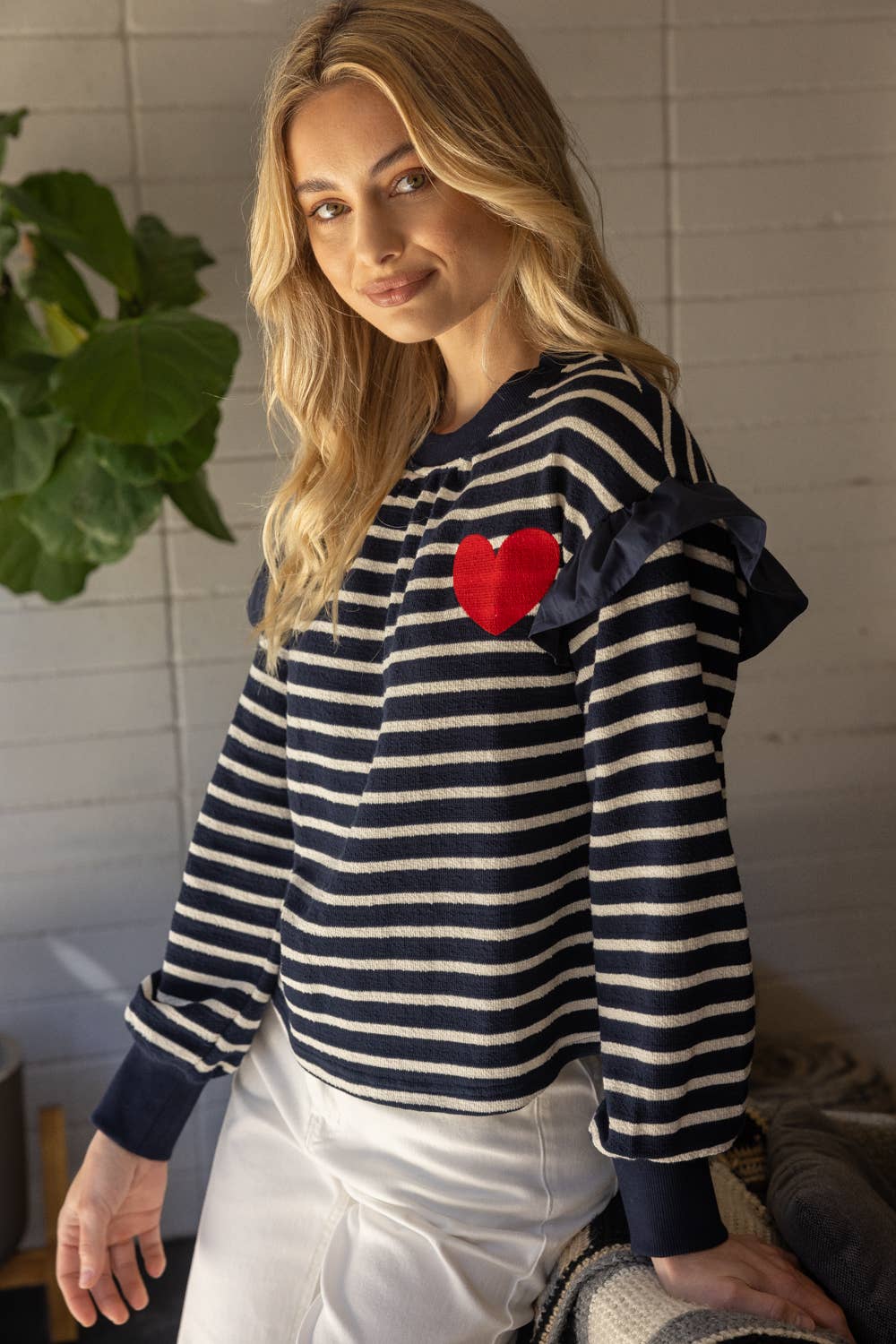 Striped Heart Detail Crewneck Top