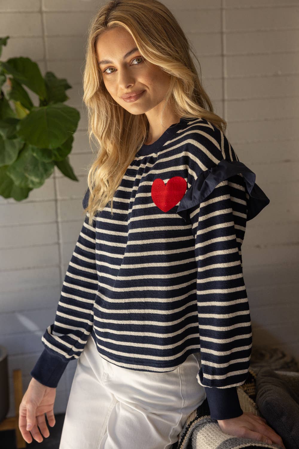 7/31/2024 Striped Heart Detail Crewneck Top - Top - Sweater - Surprise Lily