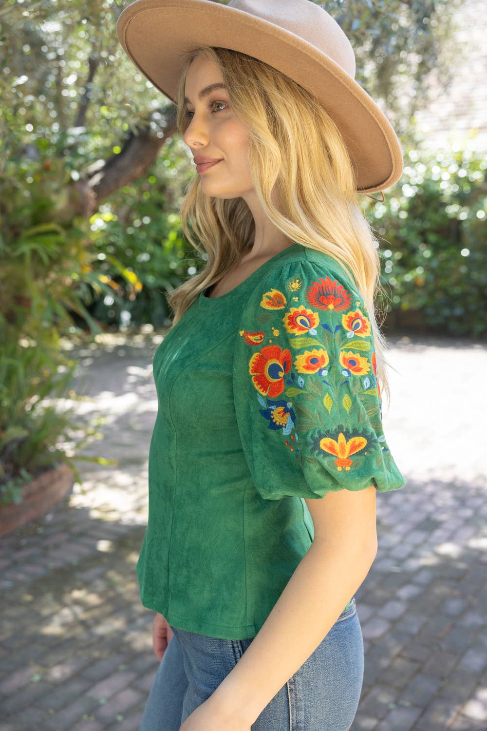 36780 Deep Round Neck Floral Embroidered Suede Top - Surprise Lily