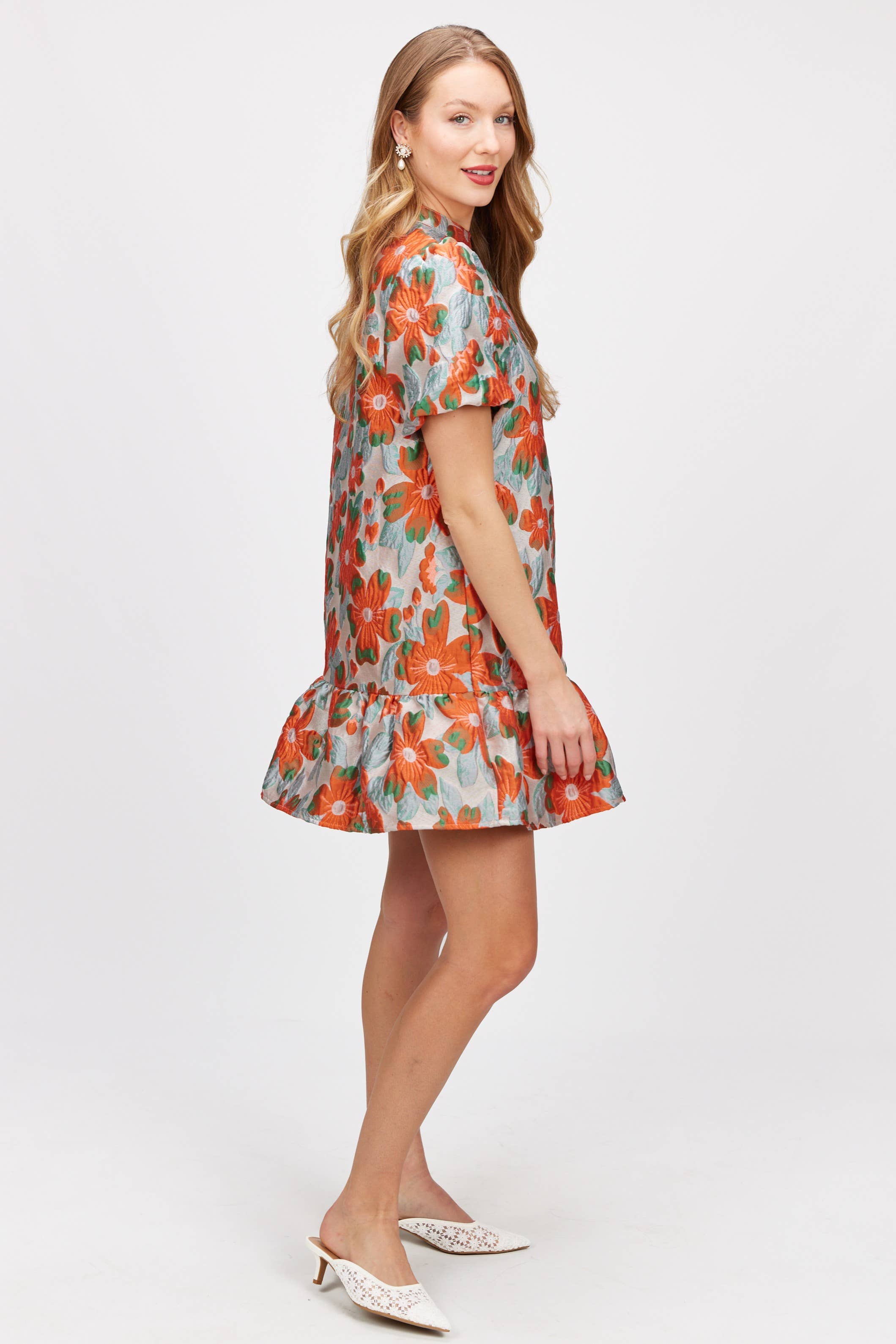 Farrah Floral Jacquard Puff Sleeve Dress