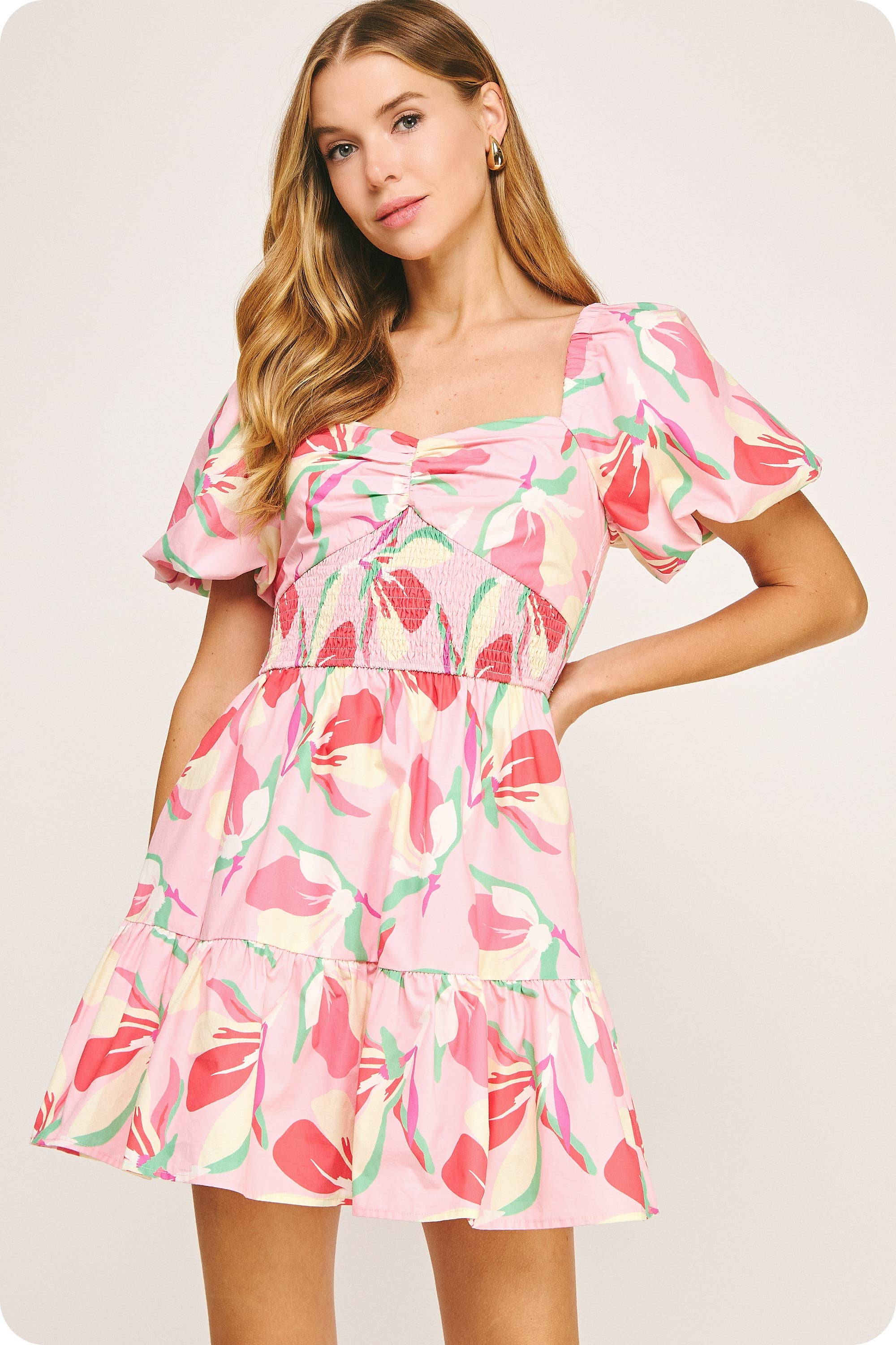 Smocked Detail Floral Tiered Mini Dress - Surprise Lily