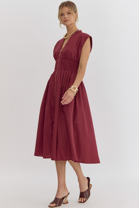 7/31/24 Zoe Zipper Front Dress in Merlot - Dress - Midi - Surprise Lily