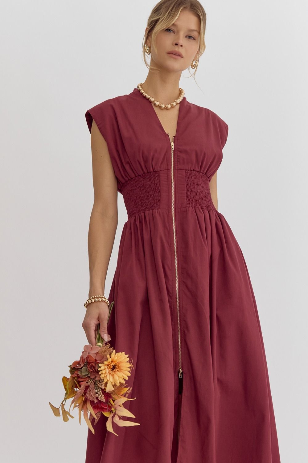 7/31/24 Zoe Zipper Front Dress in Merlot - Dress - Midi - Surprise Lily