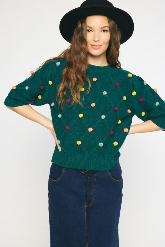 Pom Pom Please in Hunter Green - Top - Short Sleeve - Surprise Lily