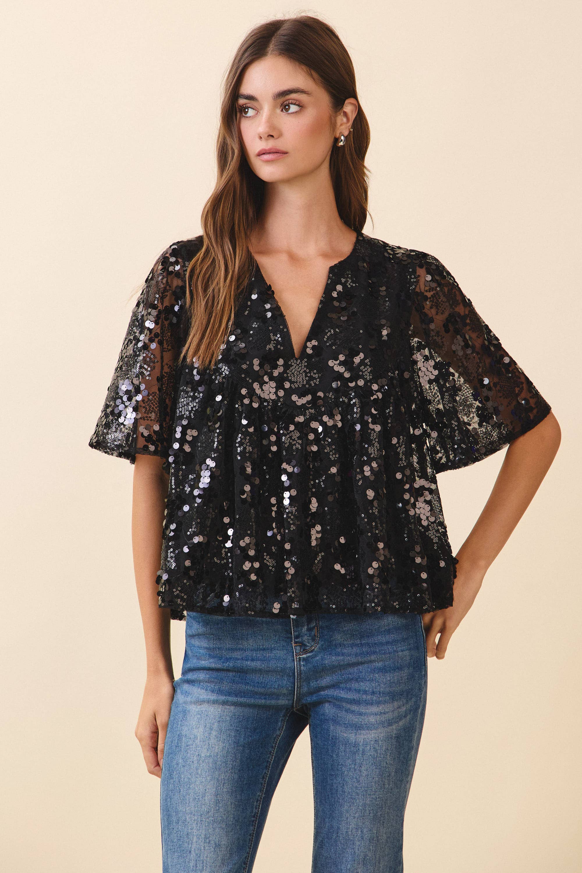 Relaxed Fit Black Sequin Top