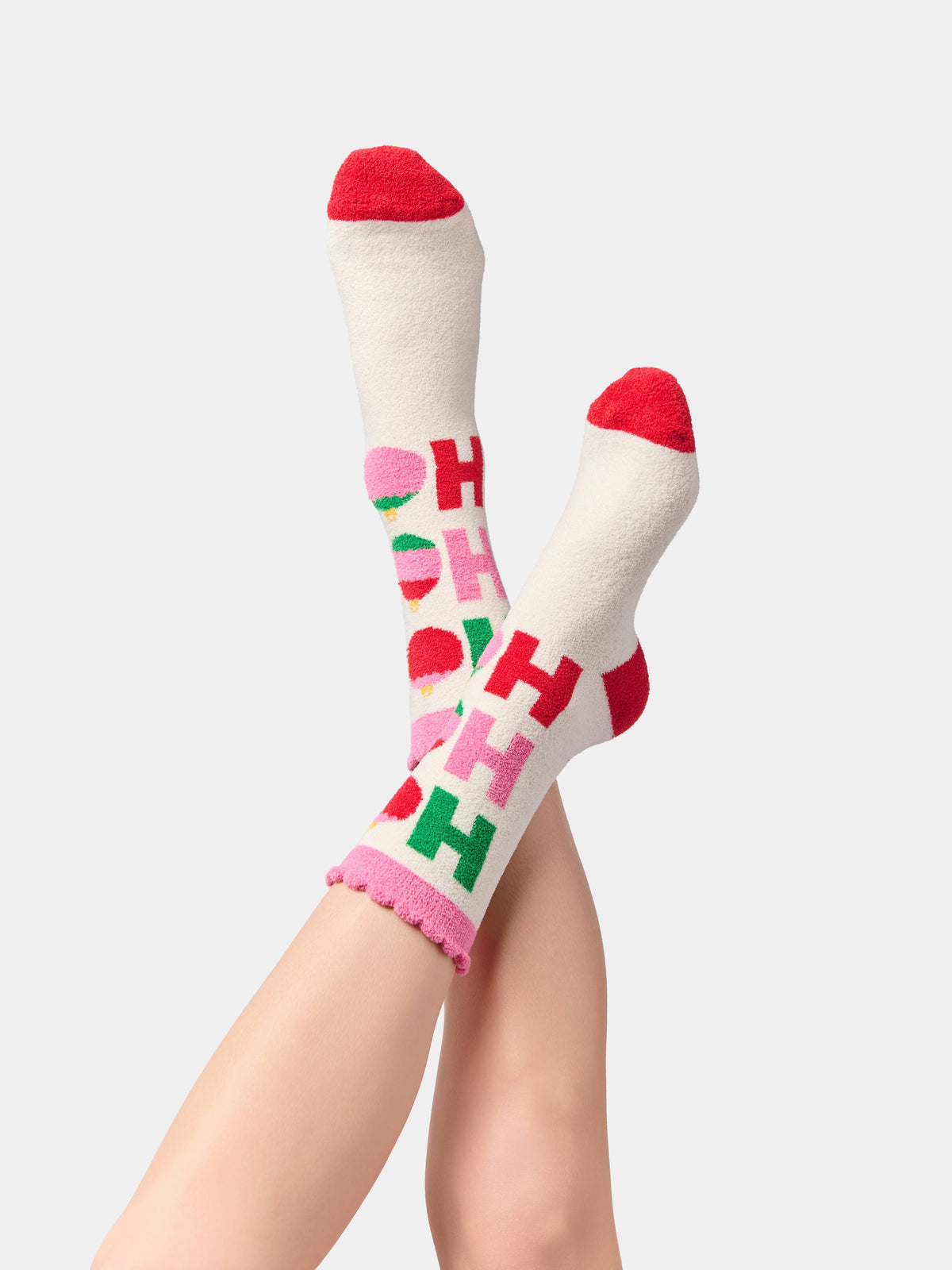 "HO HO HO" ORNAMENTS SOCKS, IVORY - Surprise Lily