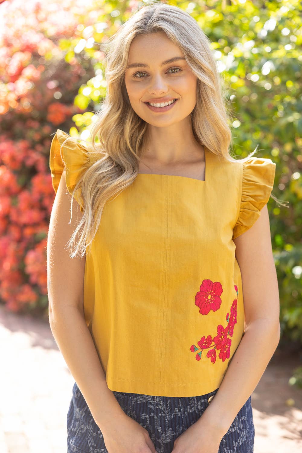 Square Neckline Floral Embroidered Top