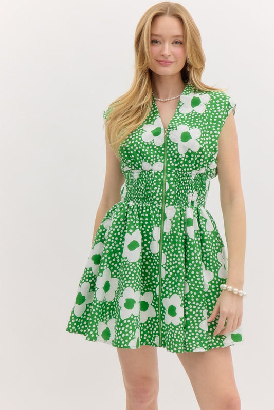 Green Garden Zip-Up Mini Dress