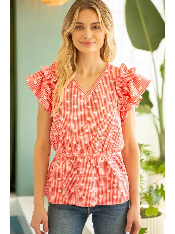 Heart Printed Double Ruffle Top in Red