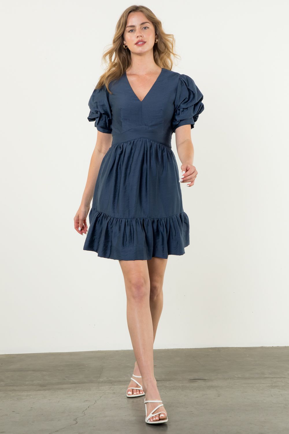 Navy Ruffle Sleeve Tiered Dress