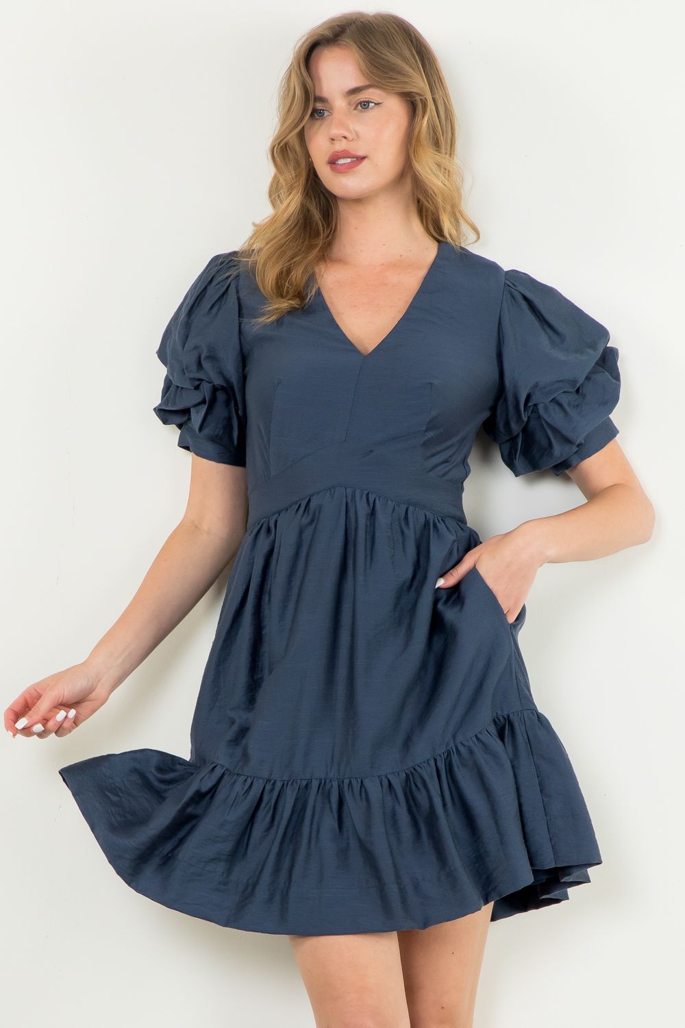 Navy Ruffle Sleeve Tiered Dress