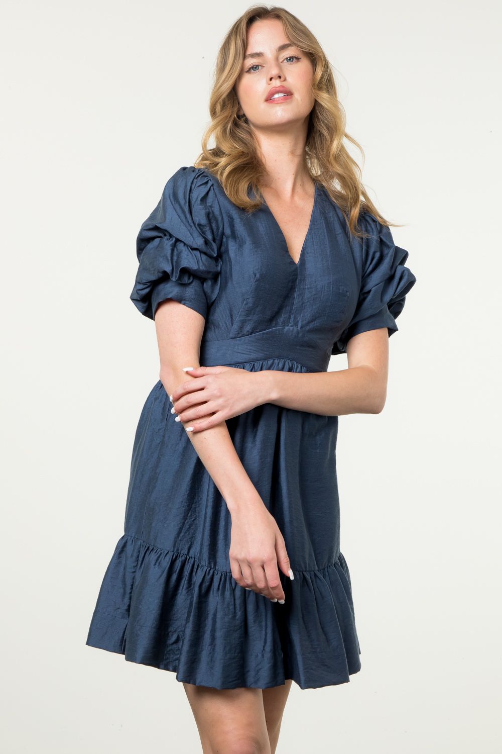 Navy Ruffle Sleeve Tiered Dress