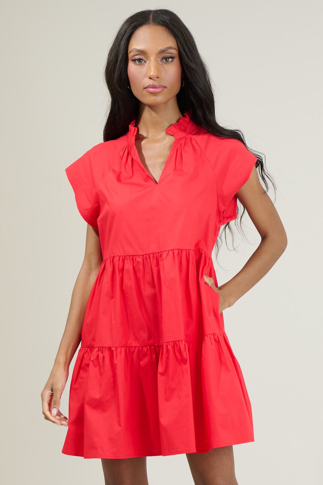 Janice Poplin Tiered Mini Dress in Red - Dress - Mini - Surprise Lily