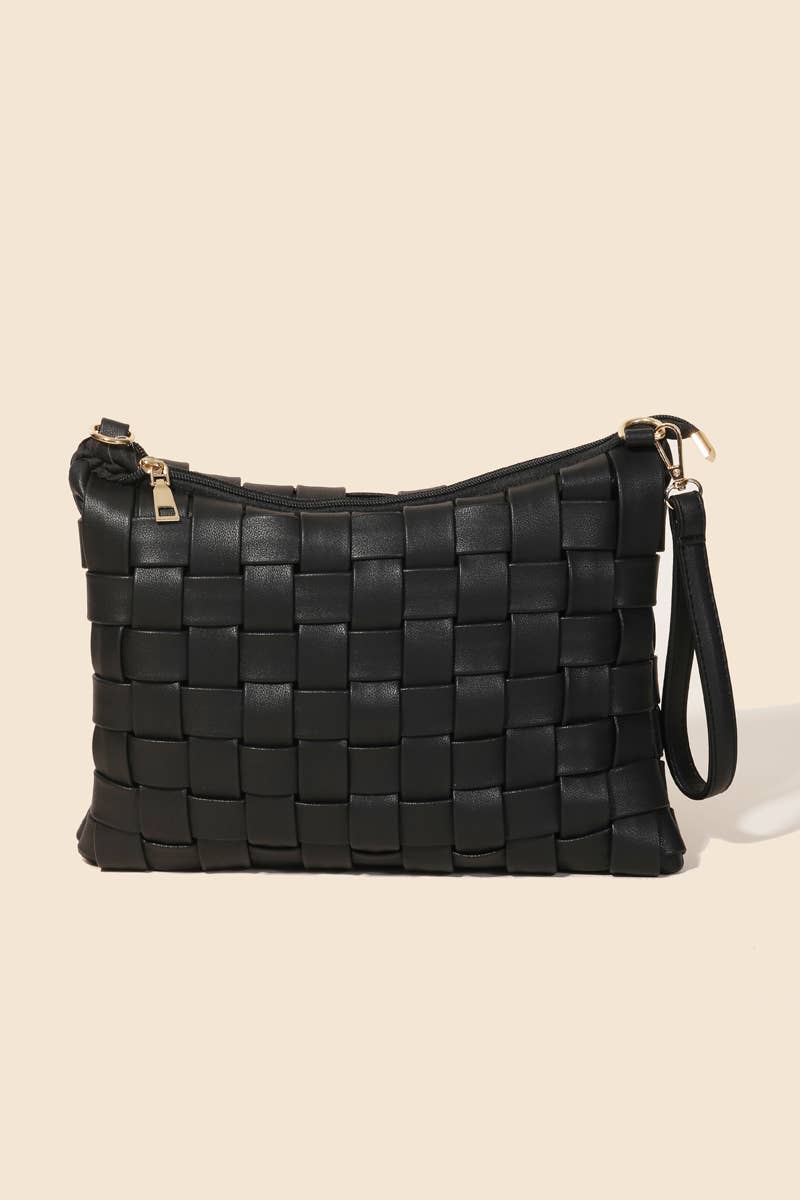 Stylish black faux leather woven clutch bag, perfect for any occasion.