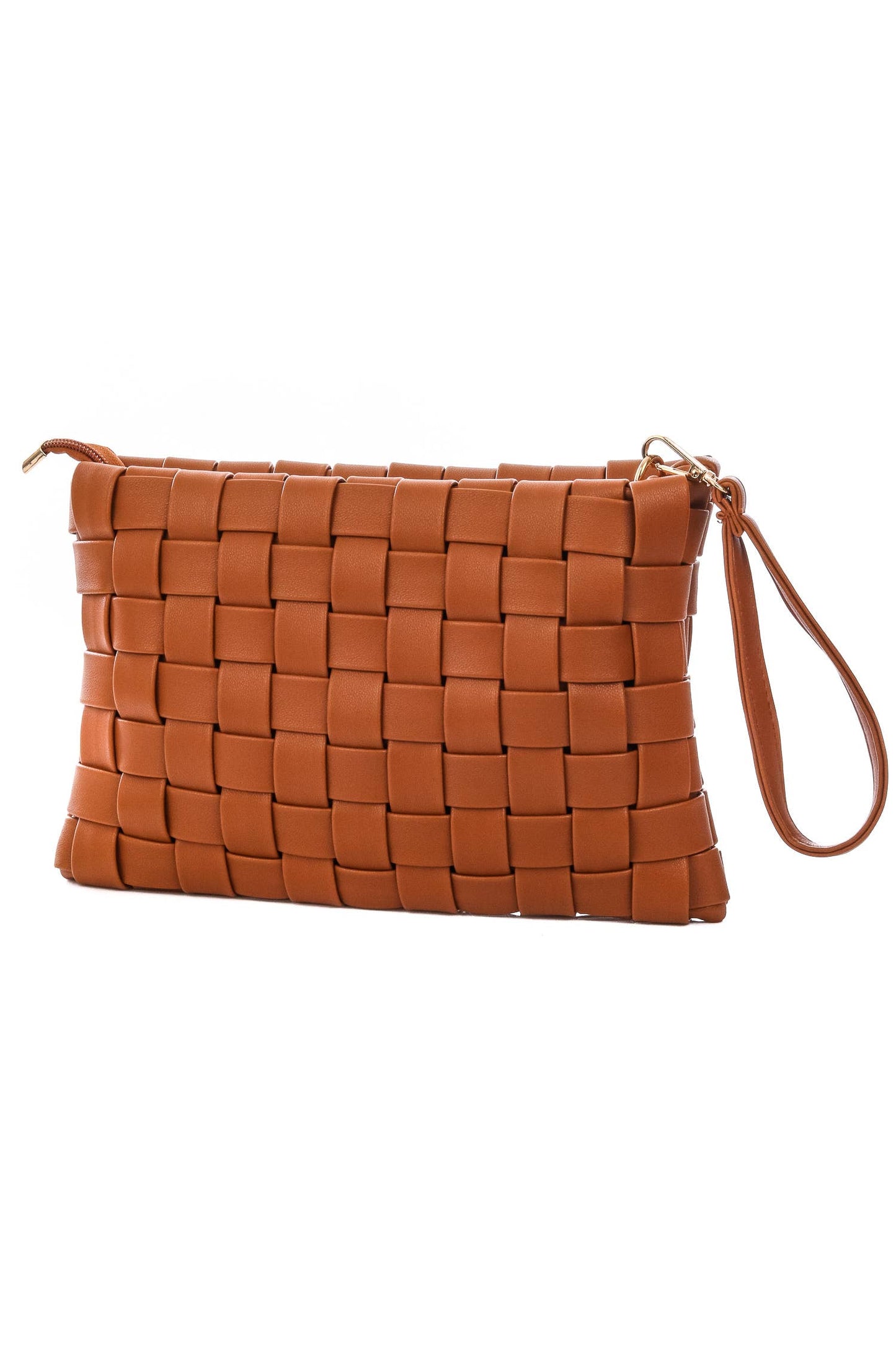 Complete your look with this elegant brown leather woven clutch bag.
