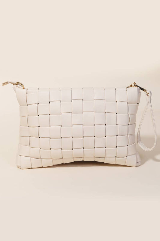 Elevate your style with this chic white leather woven clutch bag.